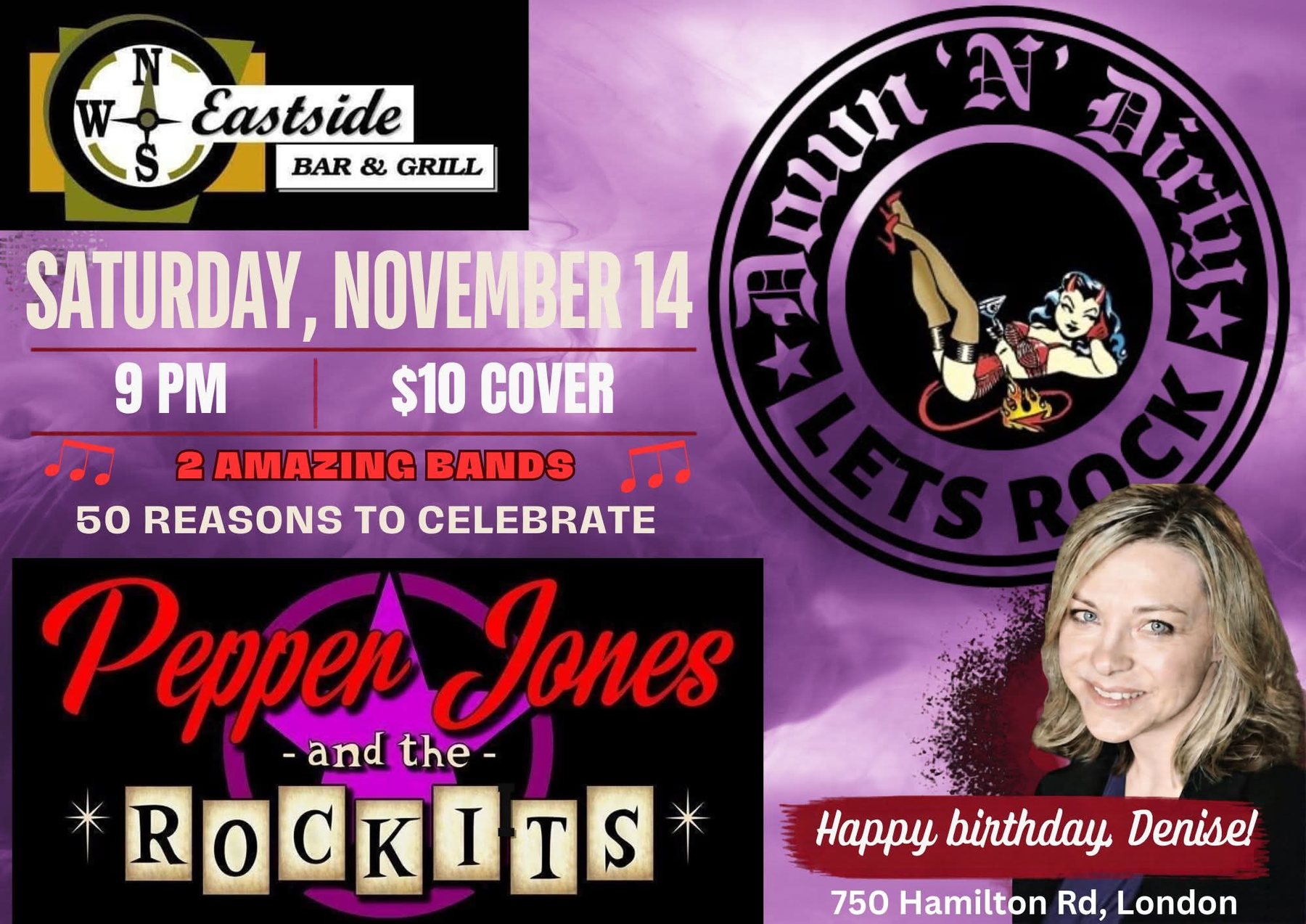 Poster: Saturday November 14 at Eastside Bar & Grill, 9 pm, $10 cover, two bands — Pepper Jones and the Rockits and Down 'n' Dirty — 50 reasons to celebrate